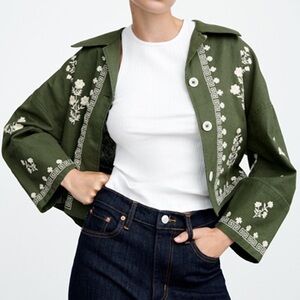 ZARA Olive Green Embroidered Button-Front Jean Jacket